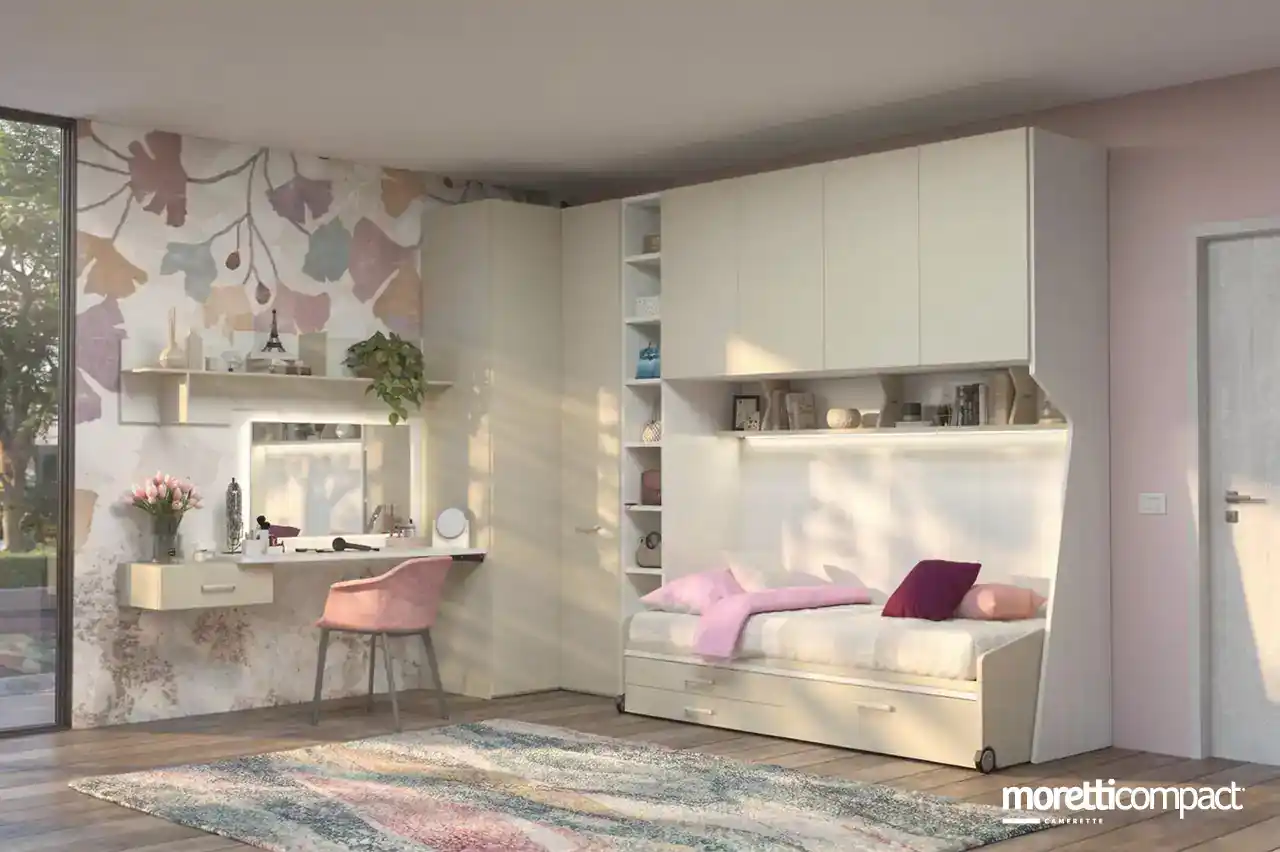 Ponte con armadio angolare e libreria. Include scrittoio multifunzione (uso zona studio o postazione beauty).