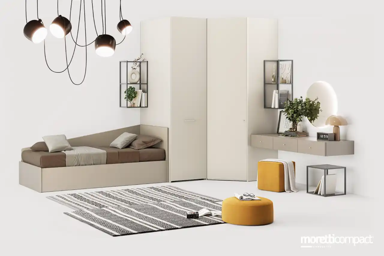 Cameretta con divano letto, armadio estraibile, cabina armadio e angolo beauty