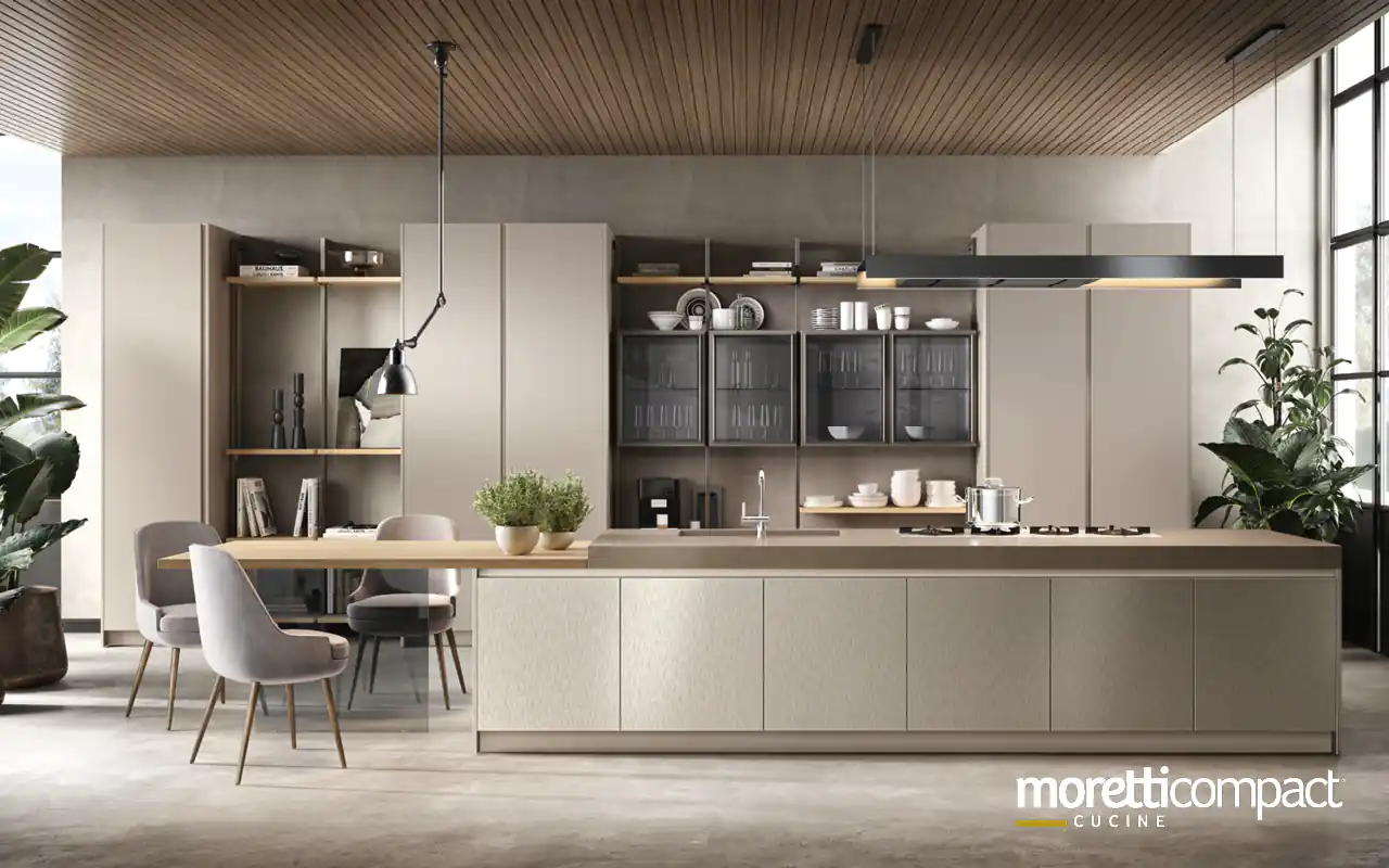 Cucina con moduli a giorno e isola