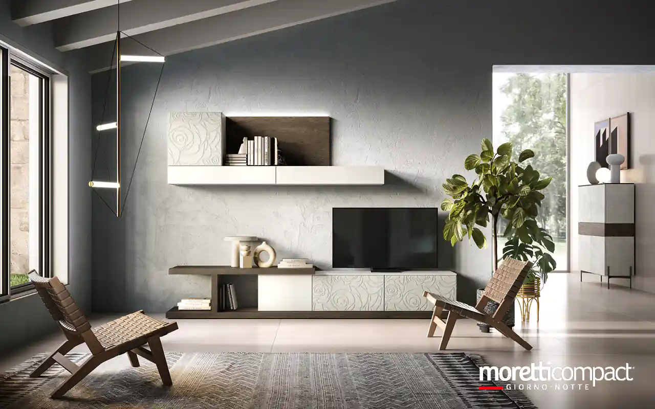 Living con elementi in essenza legno e biomalta