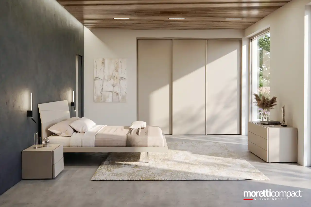 Camera Prime con Armadio scorrevole Bora, gruppo Modula e letto Icaro