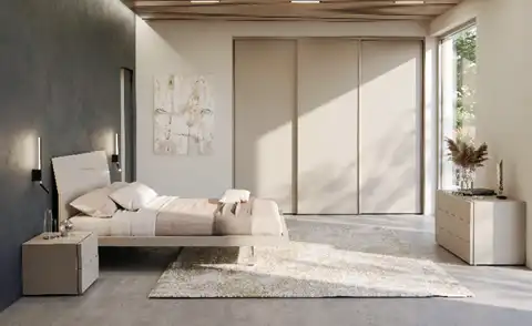 Camera Prime con Armadio scorrevole Bora, gruppo Modula e letto Icaro